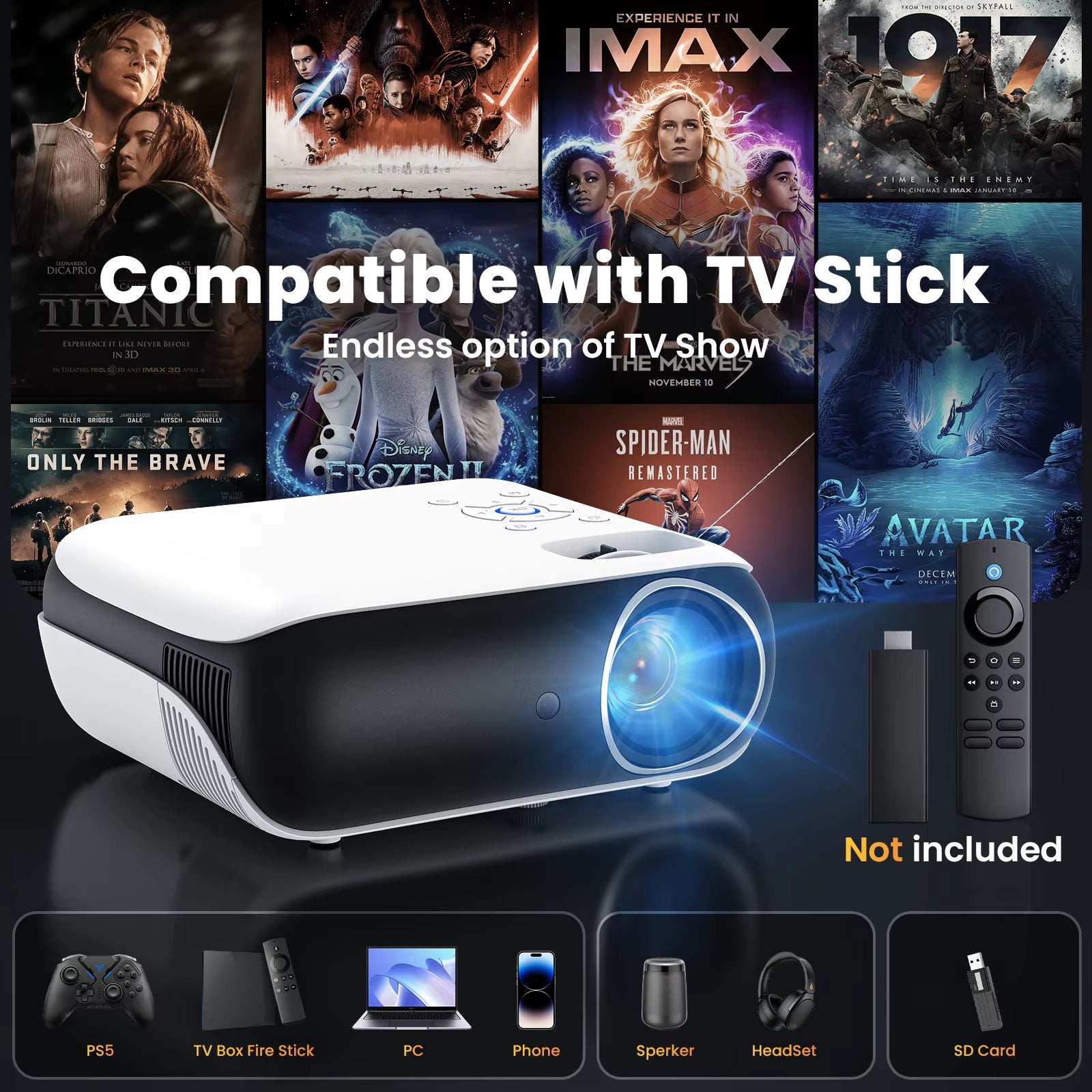 Beamer,Full HD 1080P,Bluetooth,4K-Unterstützung,Tragbar Mini Heimkino-Projektor,Kompatibel Mit Smartphone/Hdmi/Usb/Av